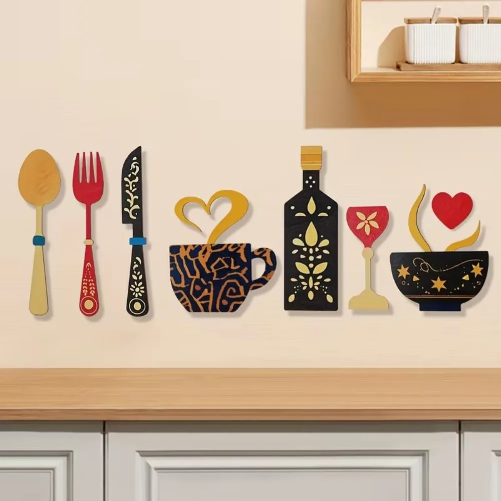 7pcs Country Style 2D Wooden Wall Decor Set Vintage Creative Kitchen Wall Sign Wall Sticker Ornaments Wall Decor for Bar Home