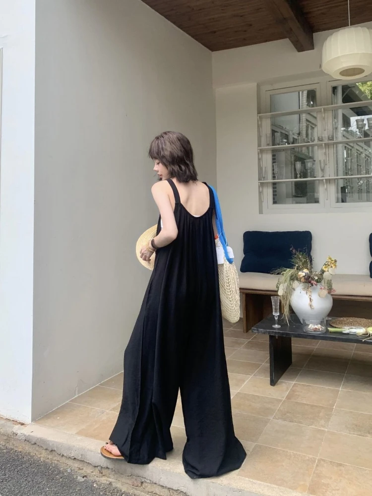 Summer Fresh Style Women Casual Lazy Style Sleeveless Bib Jumpsuit Loose Fit Wide Flared Leg
