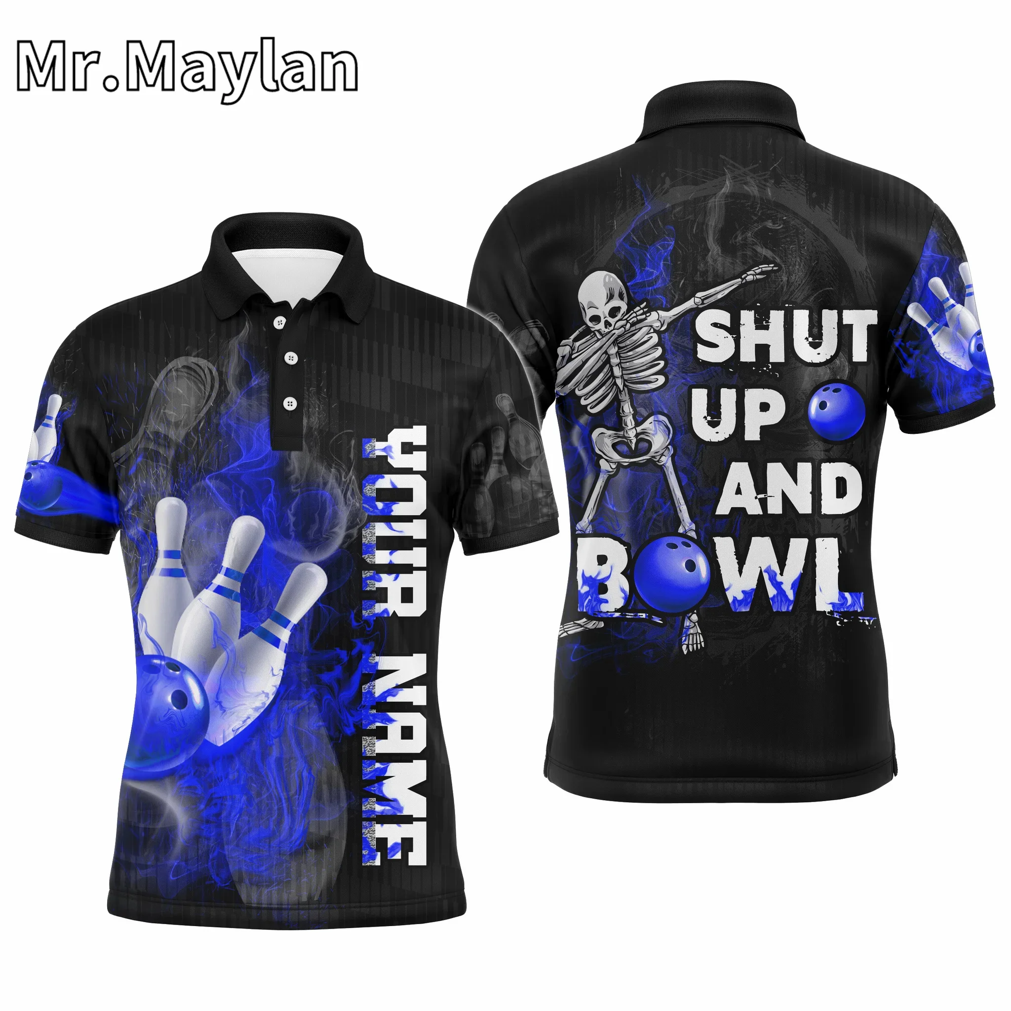 3D Shut Up and Bowl  Funny Polo Bowling Shirt Men Personalized Purple Flame Skull Bowler Jersey Gift For Bowlers Unisex Tee Tops