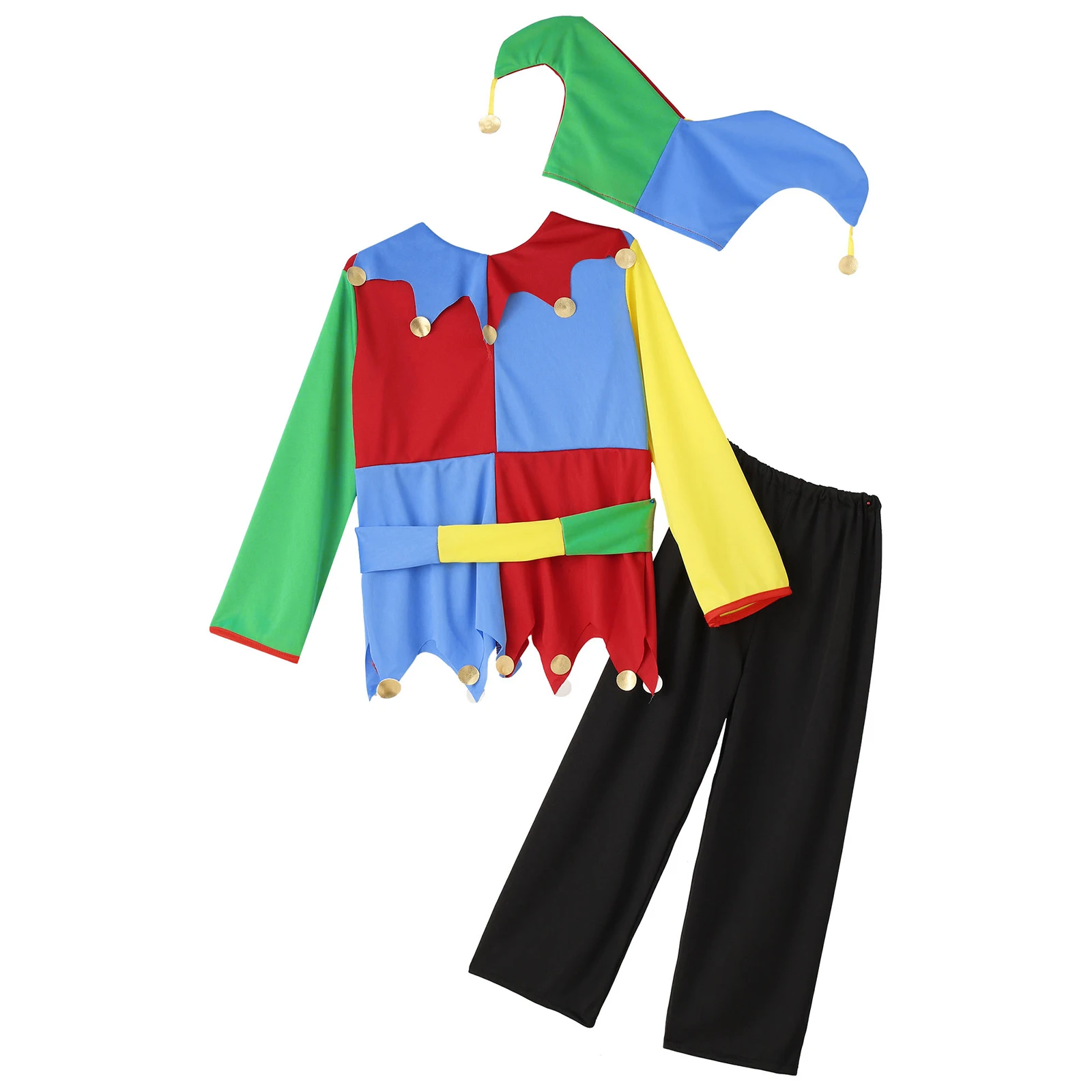 Kids Halloween Circus Clown Costume Carnival Fancy Party Cosplay Stage Performance Outfit Color Block Clowns Dress with Pants