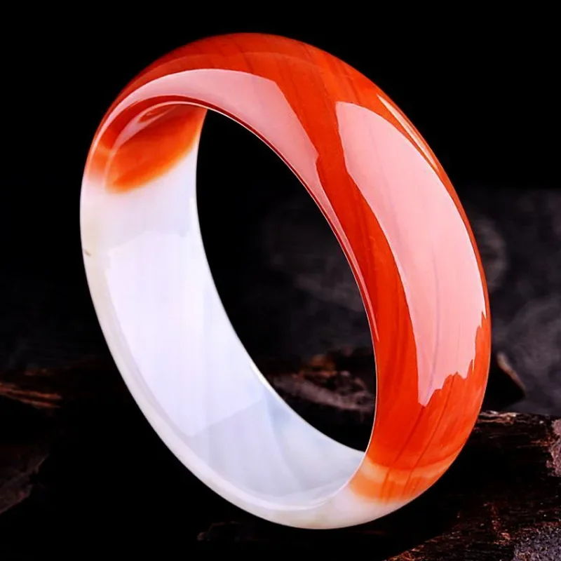 Natural Red White Agate Bracelet Widened Thickened Half Red and Half White Jade Marrow Bangle Deluxe Handwear for Mom Grandma