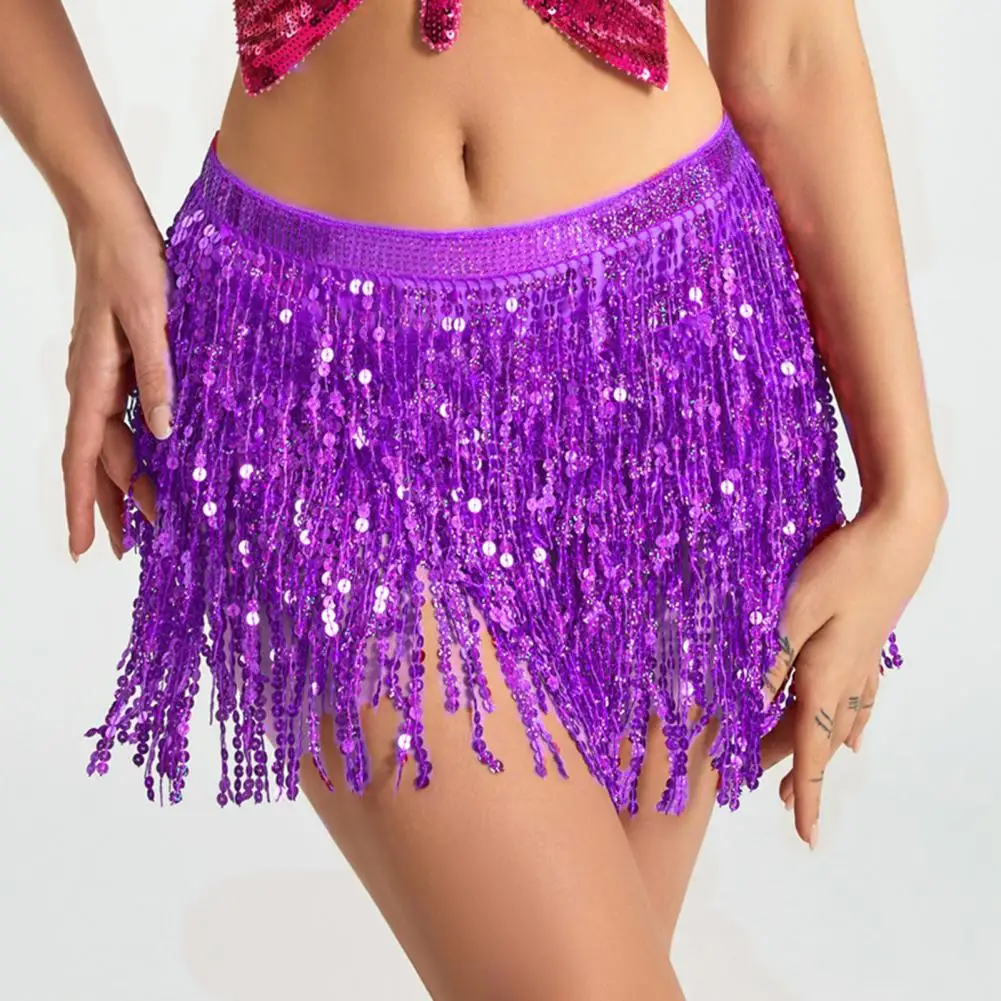 Women Belly Dance Skirt Sequin Tassel Waist Hip Scarf Tie Up Adjustable Skirt Stage Performance Cosplay Mini Skirt Apron Wrap