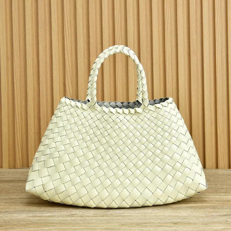 New Knitted Baotou Layer Cowhide Handmade Vegetable Basket Bag Genuine Leather Women\'s Bag  With Interior Slot Pocket