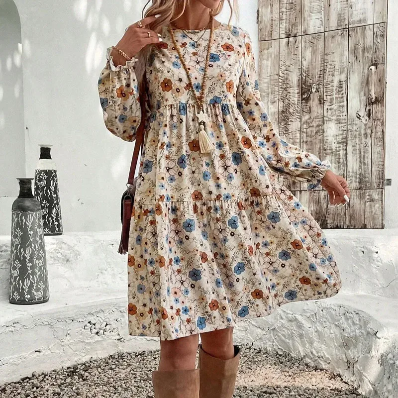 

2026 Fashion Long Sleeve Dresses for Women O-Neck Women Dress Elegant Print A-LINE Dress Women Vestidos De Verano Mujer Q40