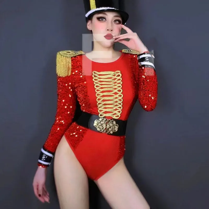 

Belt Jazz Dance Costume DJ Singer Dancer Gogo Stage Wear Nightclub Performance Clothes Tassel Epaulet Red Sequins Bodysuit