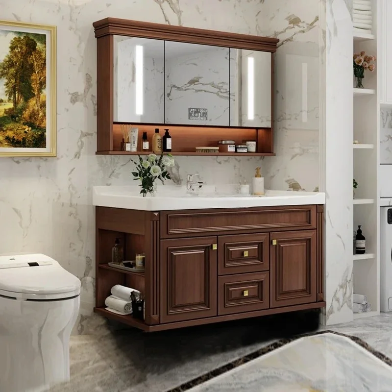 American smart bathroom cabinet wall-mounted solid wood bathroom hand wash basin cabinet mirror view 5