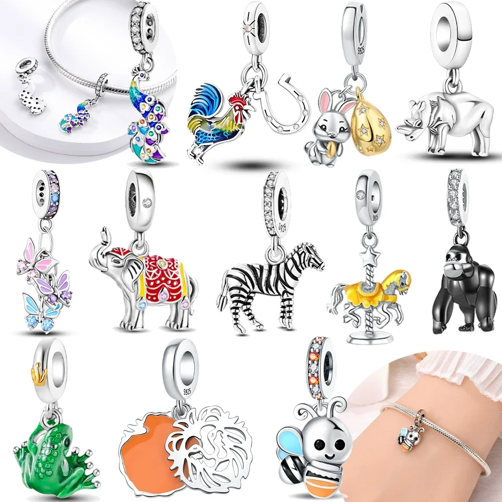Pfau Hahn Kaninchen Nashorn Anhänger Original Charm Versilberte Perle Passend für Armbänder Taschen Schlüsselanhänger DIY Damen Geschenk Accessoire
