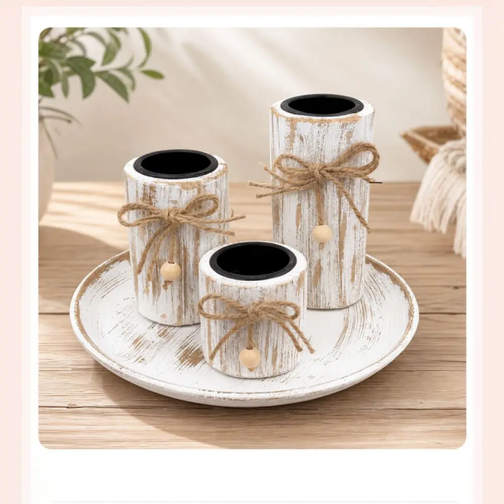 Retro Wood Candle Holder Distressed White Candlestick Stand Table Centerpiece For Wedding Party Home Interior Decor