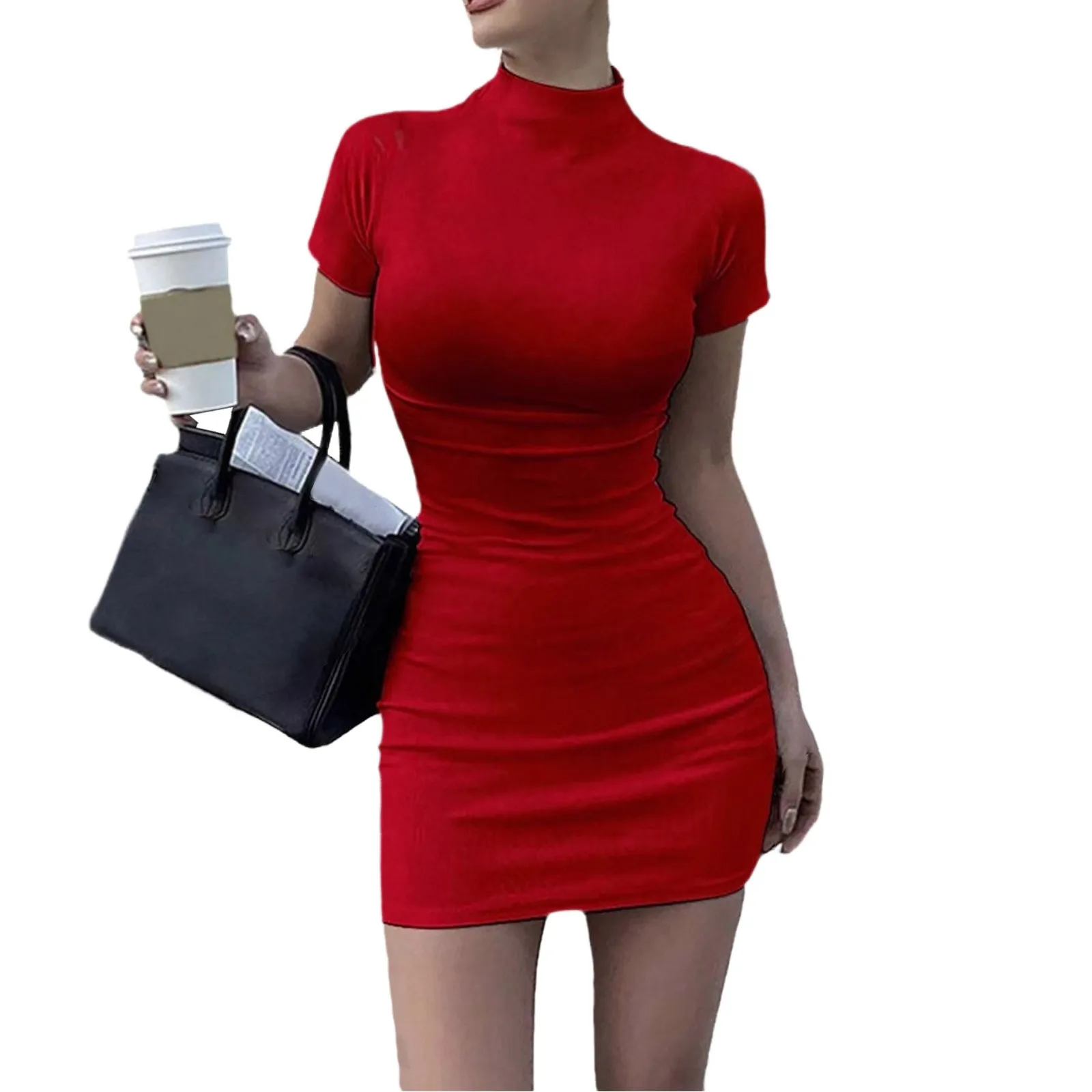 فساتين Bodycon للنساء 2024 رقبة عالية طول الفخذ وأكمام قصيرة مناسبة لعيد الحب للخروج في النادي والتاريخ الليلي