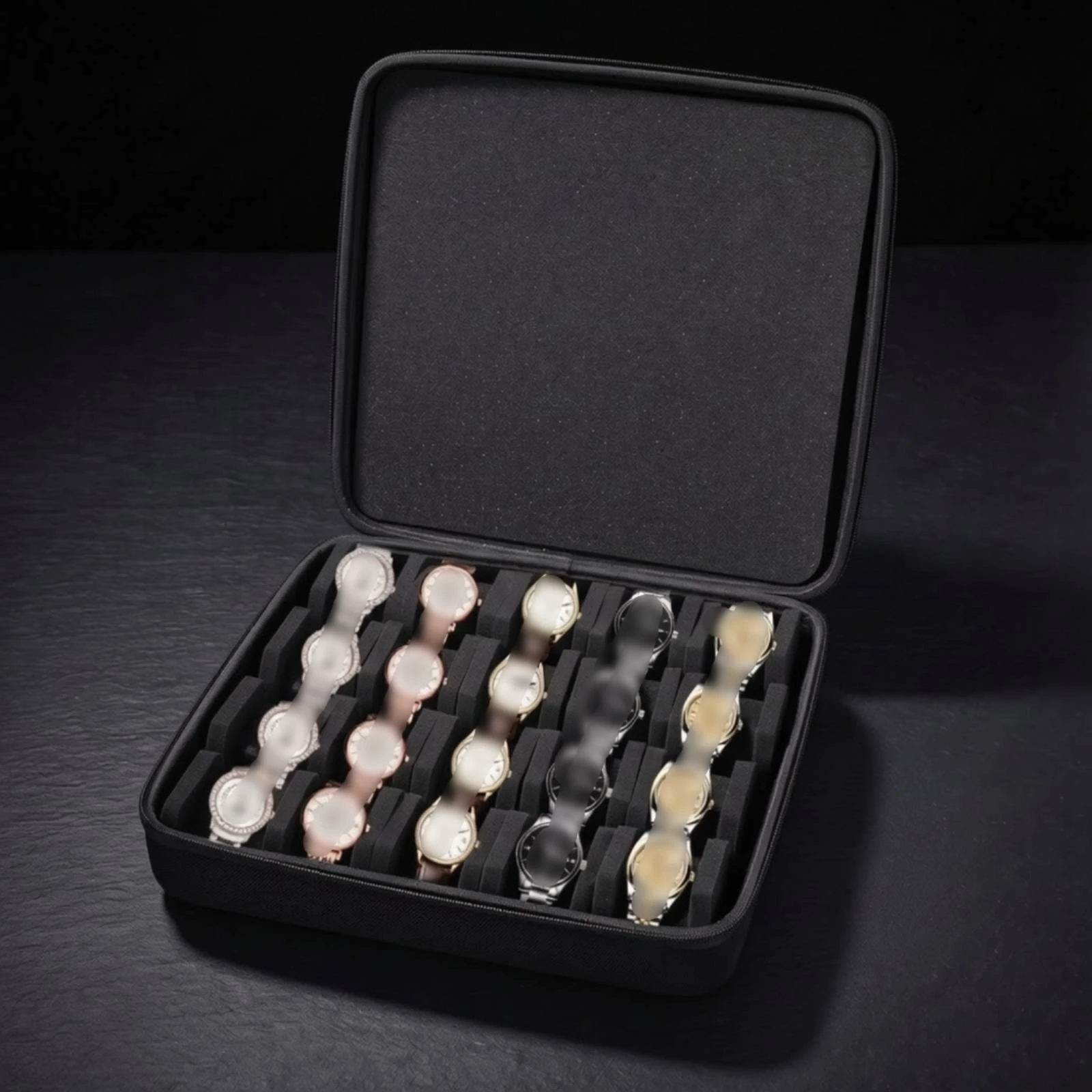 Watch Case with Foam Inserts Multi-Compartment Watch Box with Zipper Hard Shell for Collectors, Journeyers, Home Storage, Travel