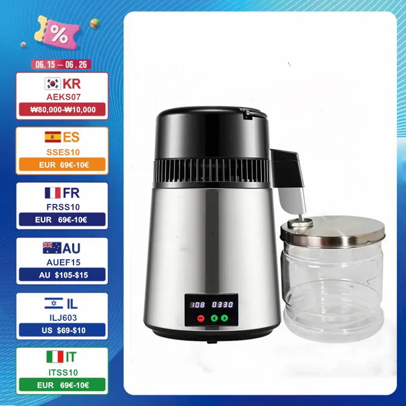 Wasserdestilliergerät, 4 l, Destillierungswasserbereiter, 1,1 Gal, reines Wasserdestilliergerät mit doppelter Temperaturanzeige, 750 W Maschine für destilliertes Wasser