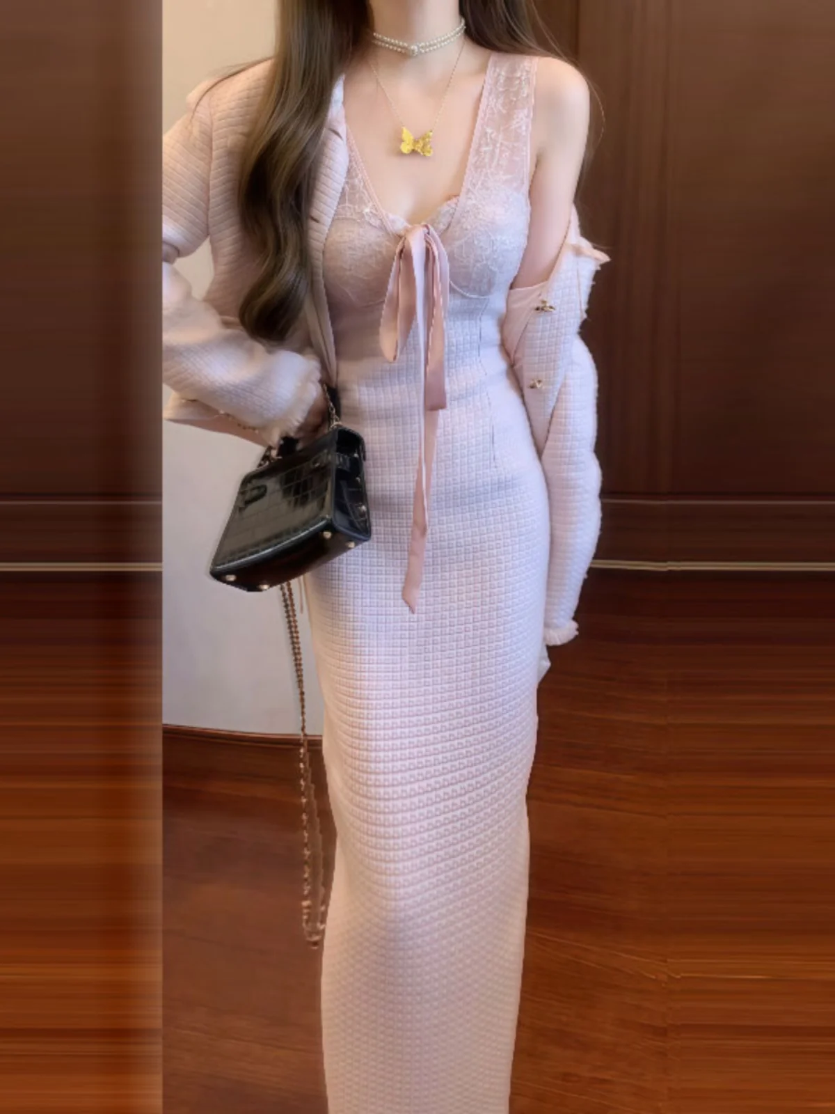 

Korean Sle Long Dr And Jaet Set Rich Girl Sensation Faionable Two-Piece Suit for Early Spring V-Ne Cotton Blend