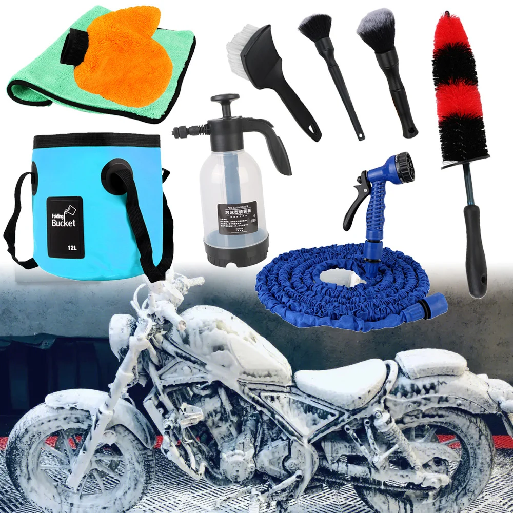 Motorcycle Care Set Detailing Brushes Towel Wash Gloves Foam Washer Bucket Hose Extension Tire Rim Cleaning Tool Car Accessories