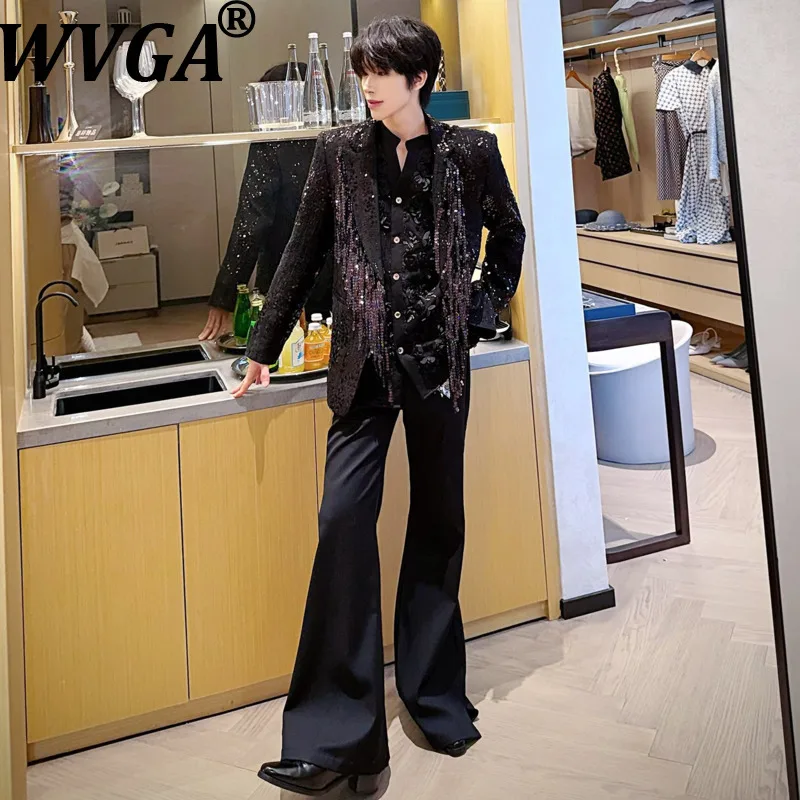 WVGA Spring Autumn New Men's Heavy Sequin Fringe Trendy Jacket Shoulder Padded Niche Chic Casual Pants Two Pieces Set Ins W27780