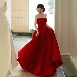 New Red Satin Wedding Dress Strapless Sleeveless Floor-length Vestido Fashion Elegant Vintage Formal Evening Dresses Customized