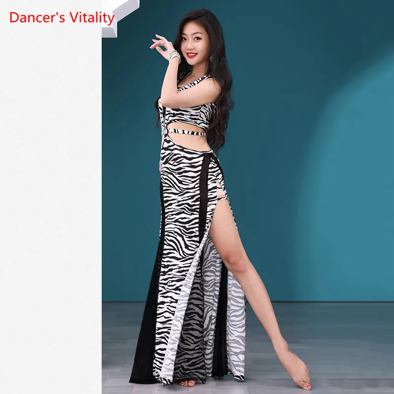 Vestido de danza del vientre con estampado de leopardo para mujer, falda larga dividida, ropa de práctica, Baile Oriental, ropa de rendimiento