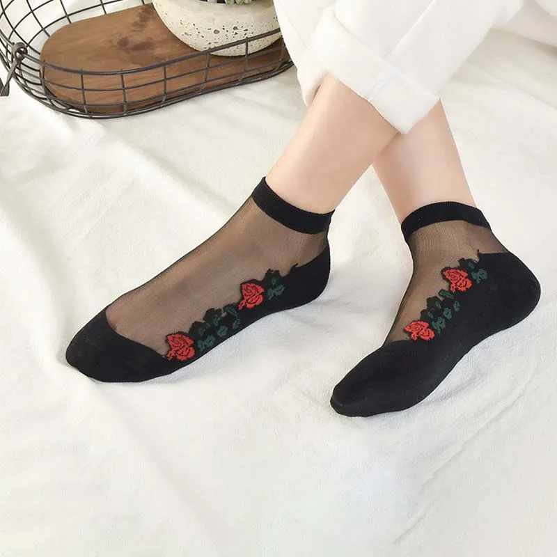 

Women Lace Boat Socks Transparent Glass Crystal Embroidery Flower Ankle Socks Breathable Stretch Socks Summer Ladies Floor Socks