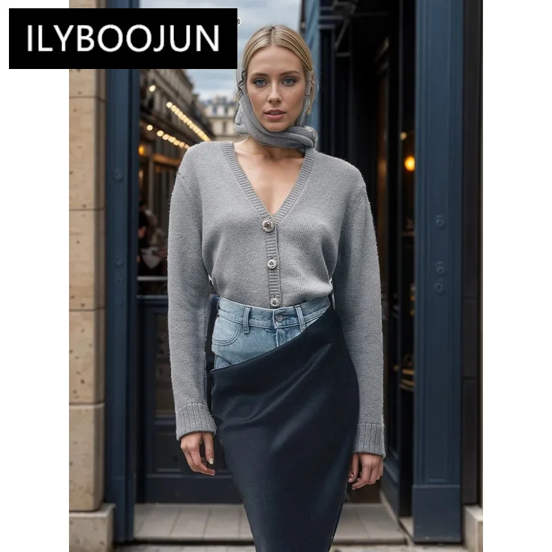 

ILYBOOJUN Solid Spliced Button Slim Sweaters Scarf Collar Hooded Long Sleeve Hollow Out Minimalist Temperament Sweater Female