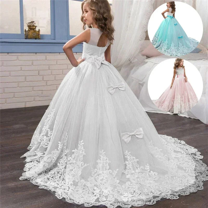 Trailing White Lace Kids Wedding Dress For Girls First Communion Evening Bridesmaid Dresses Children Girl Princess Party Dresses