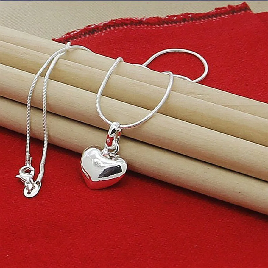 Charm Silver Solid Small Heart Pendant Necklace 16-30 Inch Snake Chain For Women Wedding Charm Fashion Jewelry
