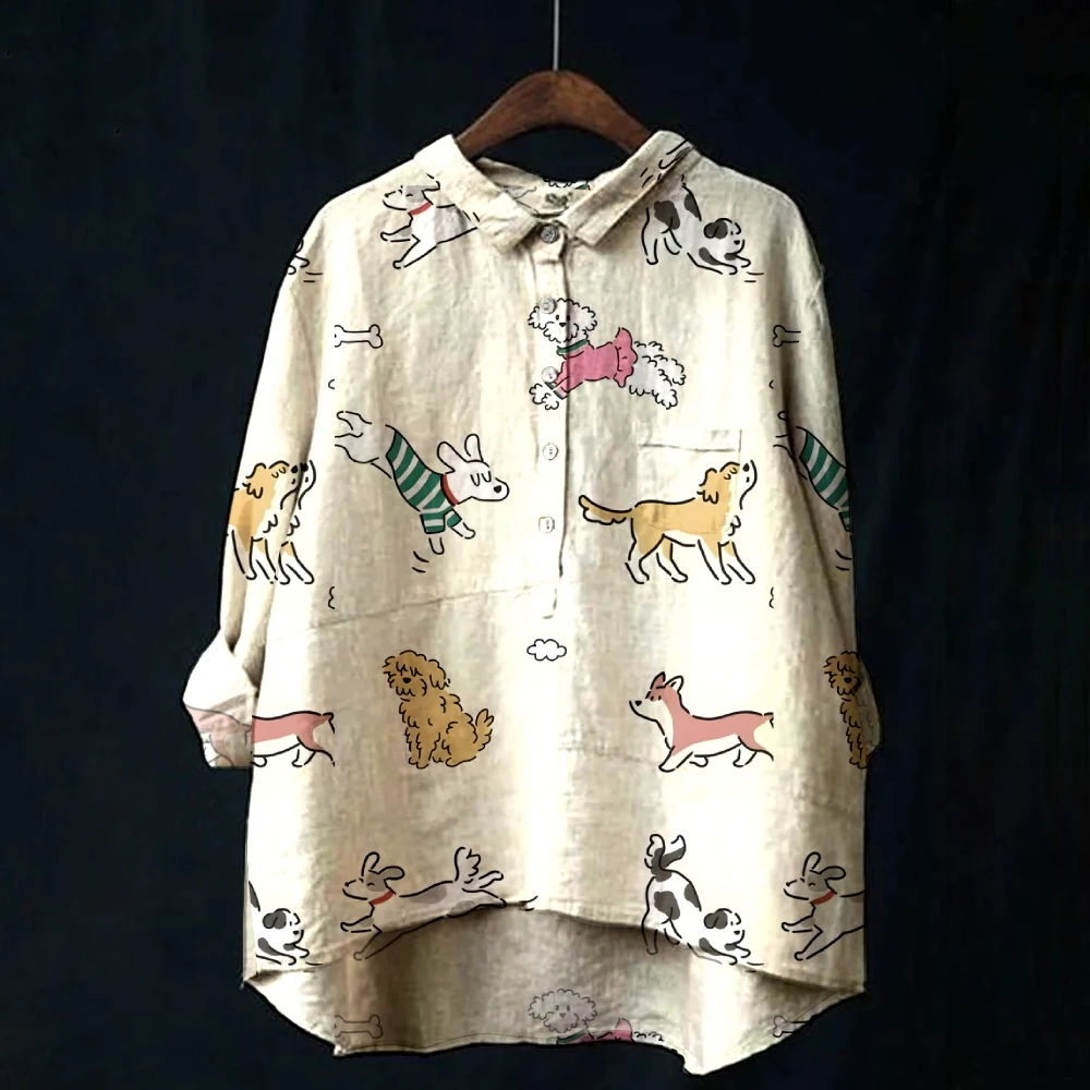 

Cozy Cartoon Dog Print Long Sleeve Shirt Playful Cute Puppy Patterned Top for Everyday Charm Trendy Dog-Lover's Choice Outfit