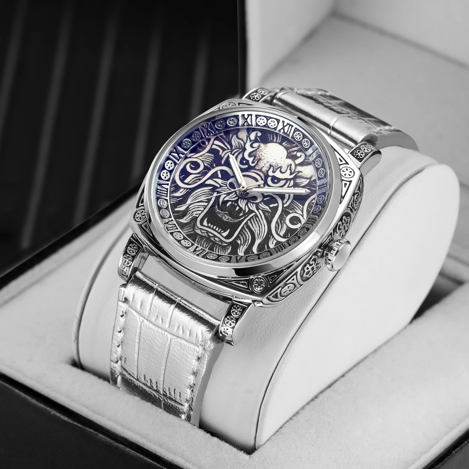 Fashion Forsining Top Brand Mechanical Male Square Engraved Vintage Dragon Leather Strap Luminous Hands Men Hotsale Wrist Watch