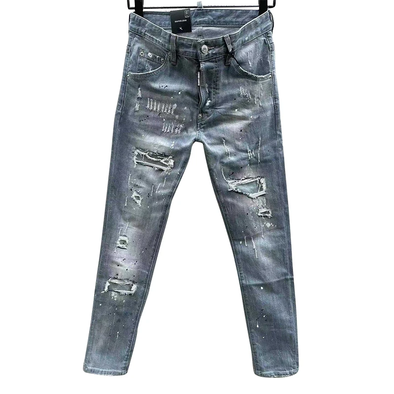 100 chareiharper c068 Ripped fashion men's denim pants quadratic personality small straight feet fashion jeans