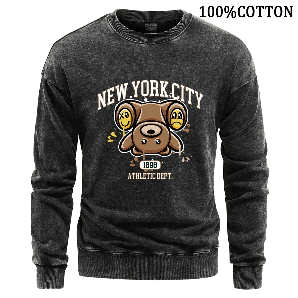 New York City Letter Inverted Bear Man Sweatshirt Vintage Washed Hoodie High Quality Cotton Hoodies Loose Sweatshirts Clothing