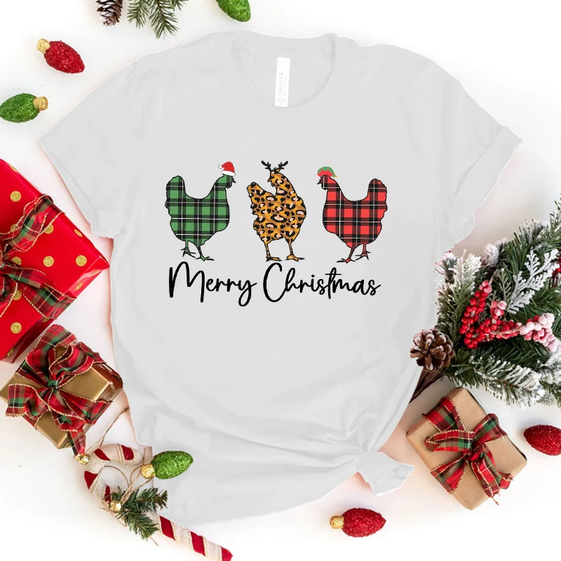 

Merry Christmas Chicken Printed T-Shirts For Women Summer Tee Shirt Femme Casual Short Sleeve Round Neck Tops T-Shirts