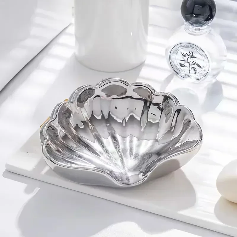 Shell Shape Ceramic Drain Soap Dish Holder Jewelry Boxes Creative Home Solid Color Soap Dishes Storage Box Bathroom Accessories