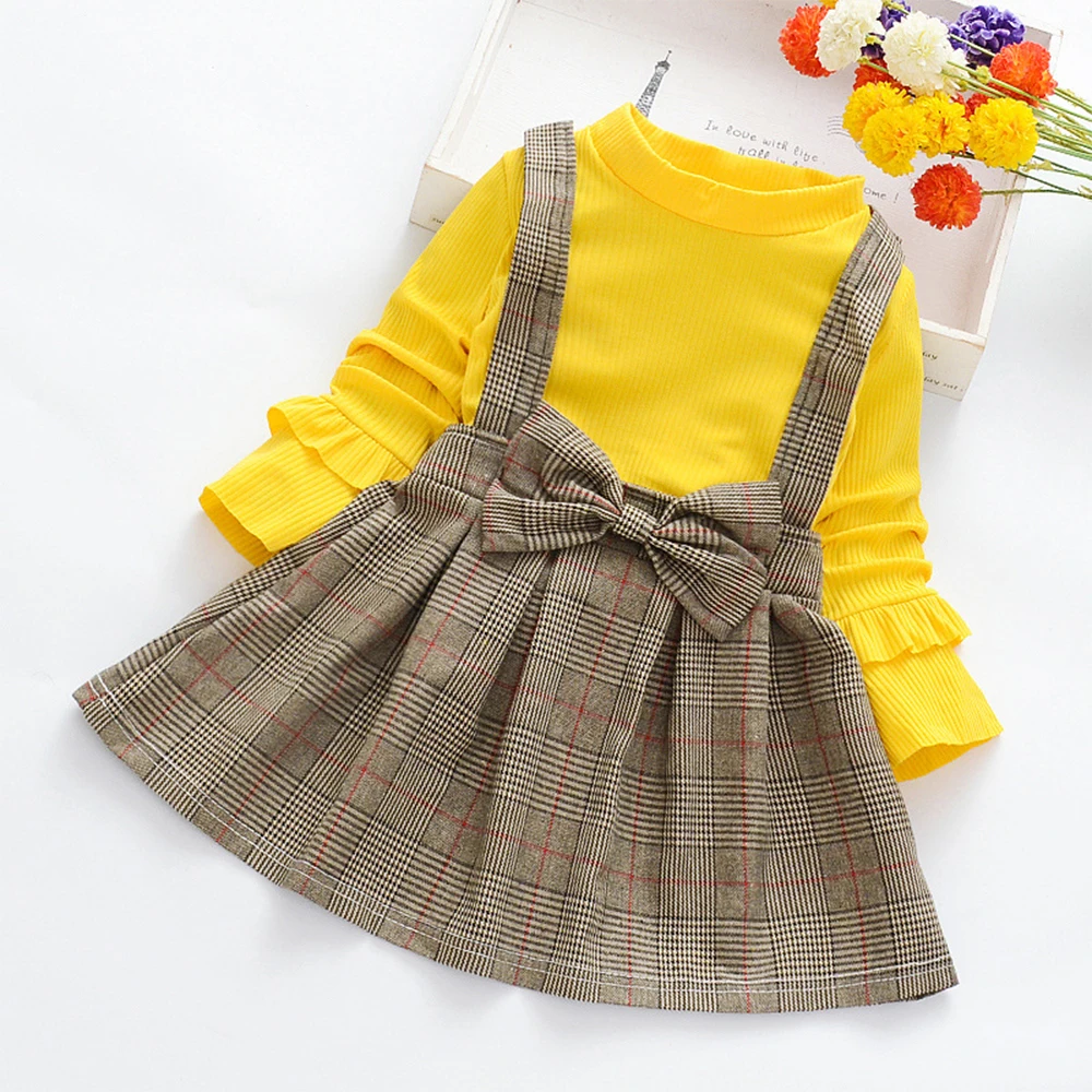 Bear Leader Girls Dress 2023 New Autumn Casual Long Sleeved Wooden Ear Edge Design Dress Fake Two Piece Strap Dress