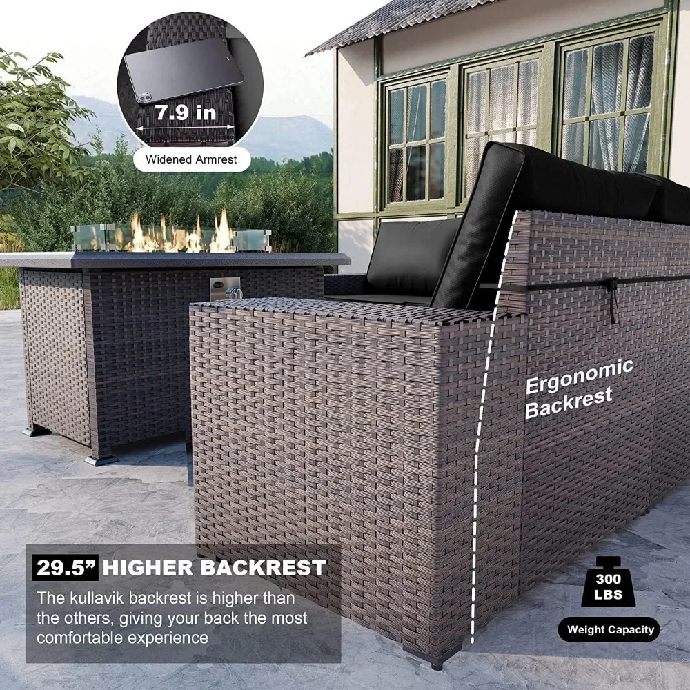 7 Pieces Outdoor Patio Furniture Set with 43" 55000BTU Gas Propane Fire Pit Table Rattan Sectional Sofa Patio Conversation Sets