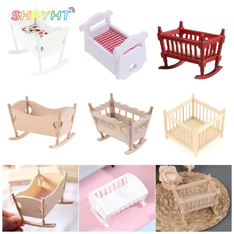 1:12 Poppenhuis Miniatuur Baby Bed Mini Wieg Babybedje Model Houten Kinderkamer Slaapkamermeubilair Pophuis Decor Accessoires