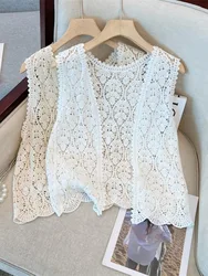 Large Size Crochet Knit Vest For Spring/summer New Hollowed Out Loose Outerwear Women Elegant  V-Neck Cardigan Sweater Top