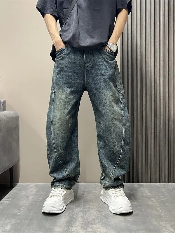 

American Retro Workwear Sle Men's Jeans Spring Autumn Loose Straight Casual Wide Leg Knife Pants Multi ket Splicing