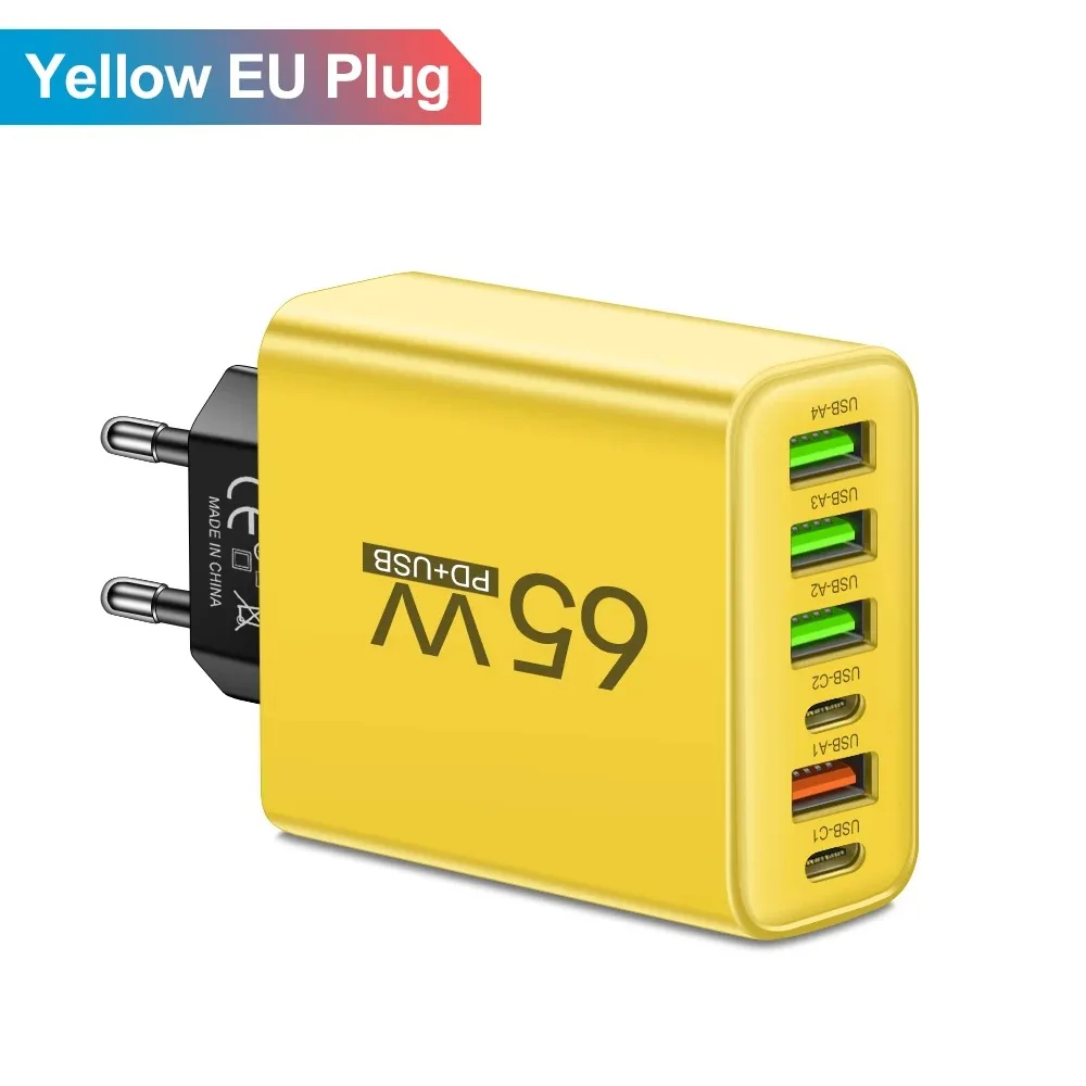 شاحن شحن سريع متعدد المنافذ بقدرة 65 وات QC3.0/USB/Type C/PD 6 منافذ شاحن شحن سريع لهاتف iPhone15 Xiaomi Samsung مقبس السفر