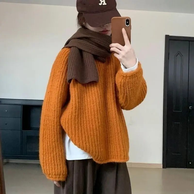

2025 зимний новый корейский стиль оранжевый пуловер с круглым вырезом ленивый стиль свободный вязаный свитер