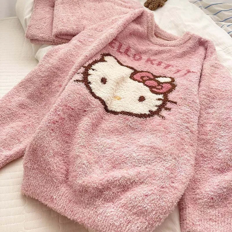 Sanrioed Hello Kitty Pigiama Completo Anime Flanella Donna Caldo Lana Bianca Cartoon Casual Pigiama Autunno Inverno Grils Pantaloni