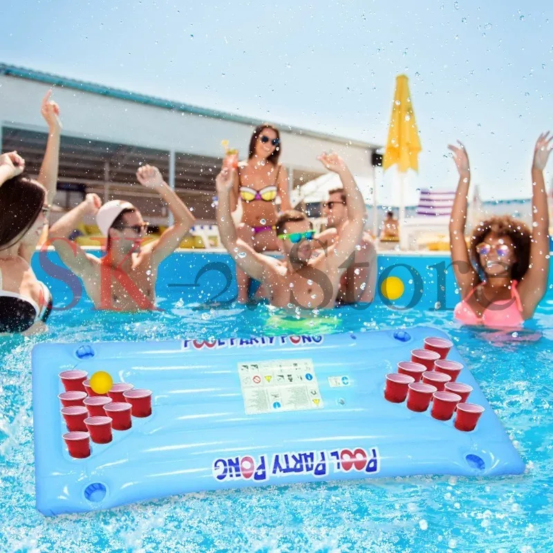 Inflatable Beer Pong Floating Table – Pool Drink Float Mat with Cup Holders & Ice Trough for Water Entertainment