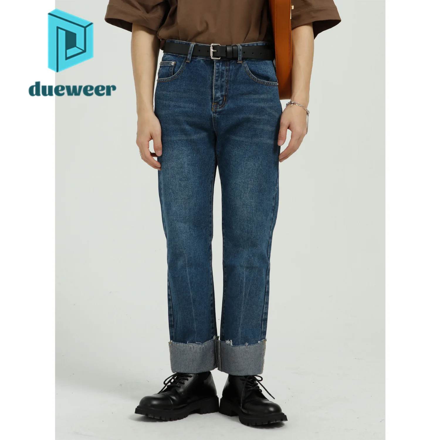 

DUEWEER New Korean Fashion Men Straight Vintage Cuffs Slim Fit Jeans Baggy Denim Pants Trousers for Male Casual Streetwear