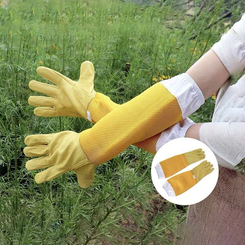 Beekeeping Protective Gloves, Beekeeper Sleeves Breathable Anti Bee Cloth, Apiculture Sheepskin Long Yellow Mesh Gloves 1Pair