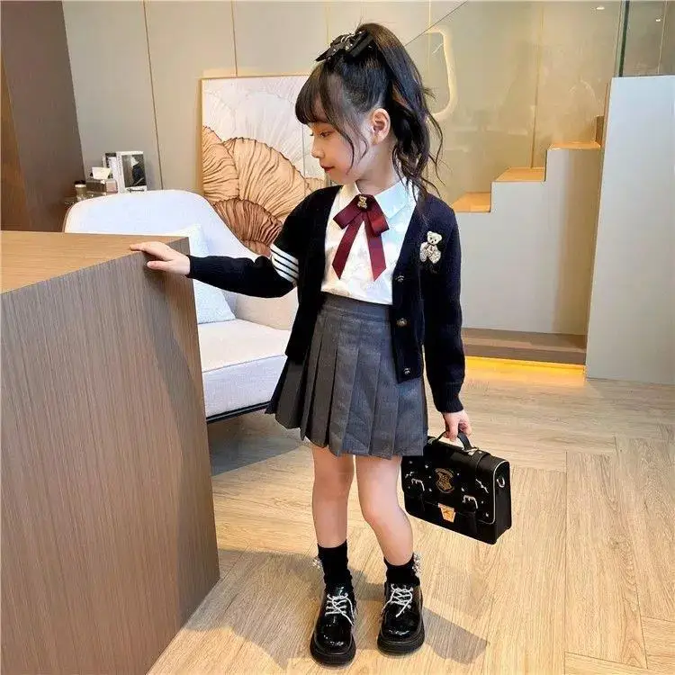 Girls Autumn Clothing 2022 New JK Preppy Style Uniform Suit White Shirt Short Skirt Cardigan Medium and Large Children\'s Set