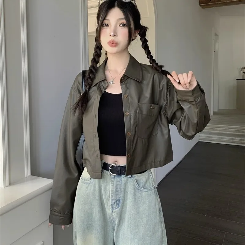 Deeptwon Short Brown Leather Jacket Women Vintage Streetwear Y2k Oversize Korean Fashion Cropped Racing Jackets Autumn Aesthetic