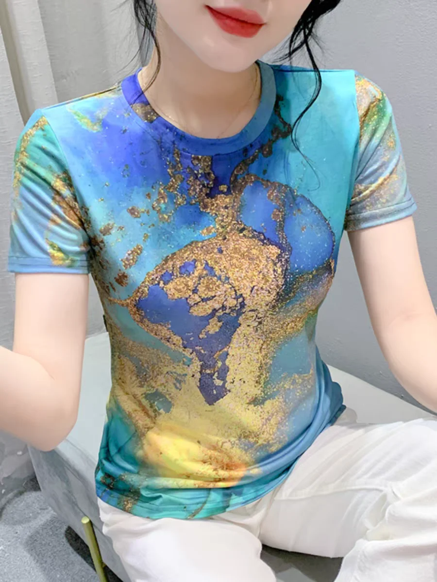 

Футболка женская сетчатая с круглым вырезом, модная эластичная Облегающая рубашка с коротким рукавом, с принтом, на лето