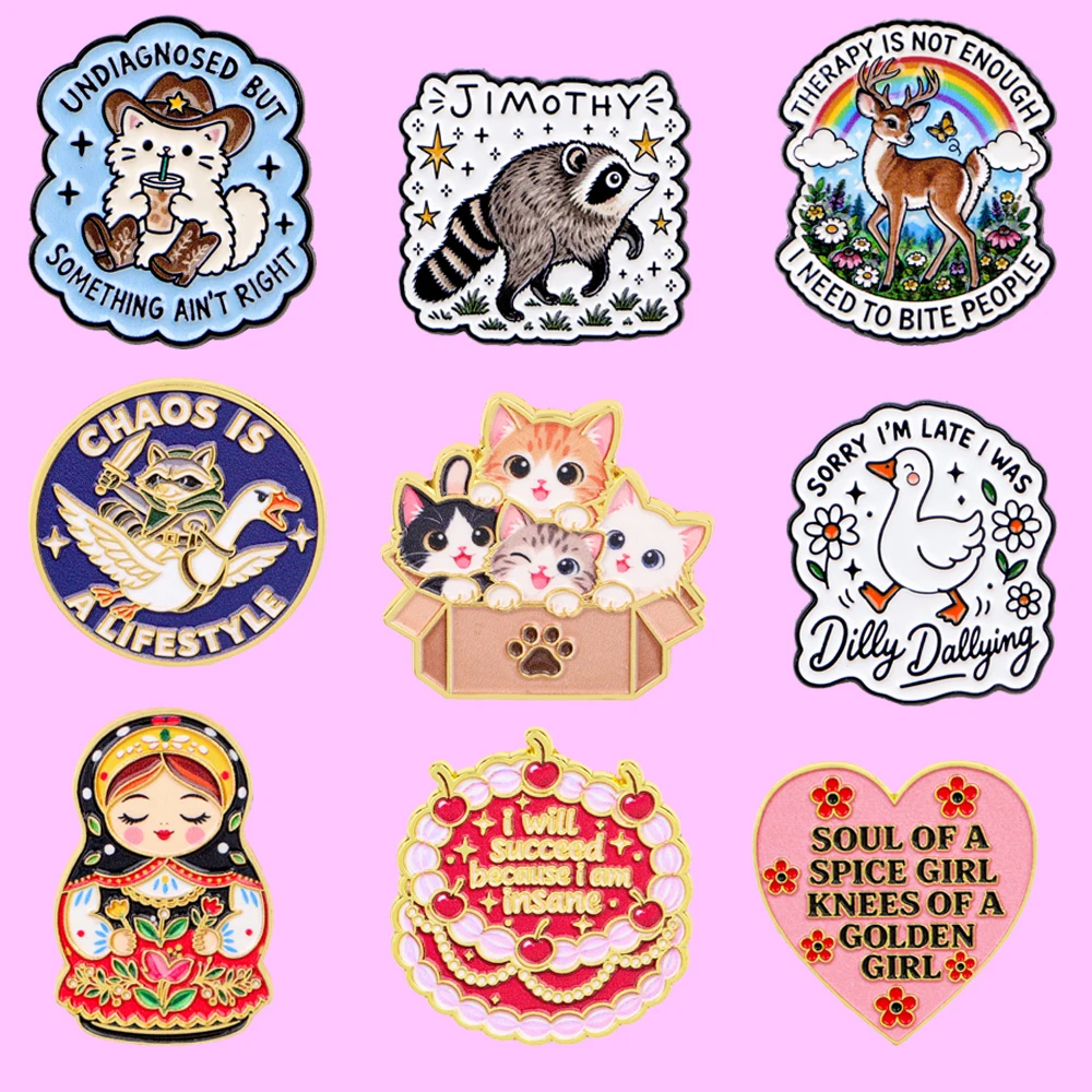 Cute Animal Enamel Pins Funny Slogan Cat Raccoon Deer Goose Brooch Lapel Badge Metal Pin for Backpack Clothing Decor Gift