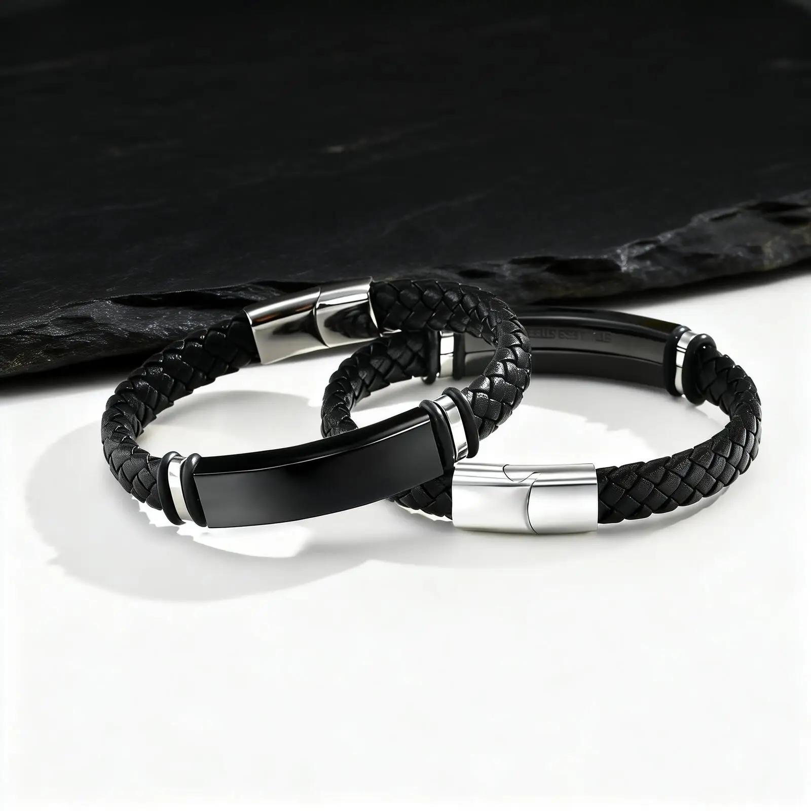 

Free Custom Microfiber Leather Bracelet for Men,Black Stainless Steel Long Tube Wristband,Personalized Jewelry Gift
