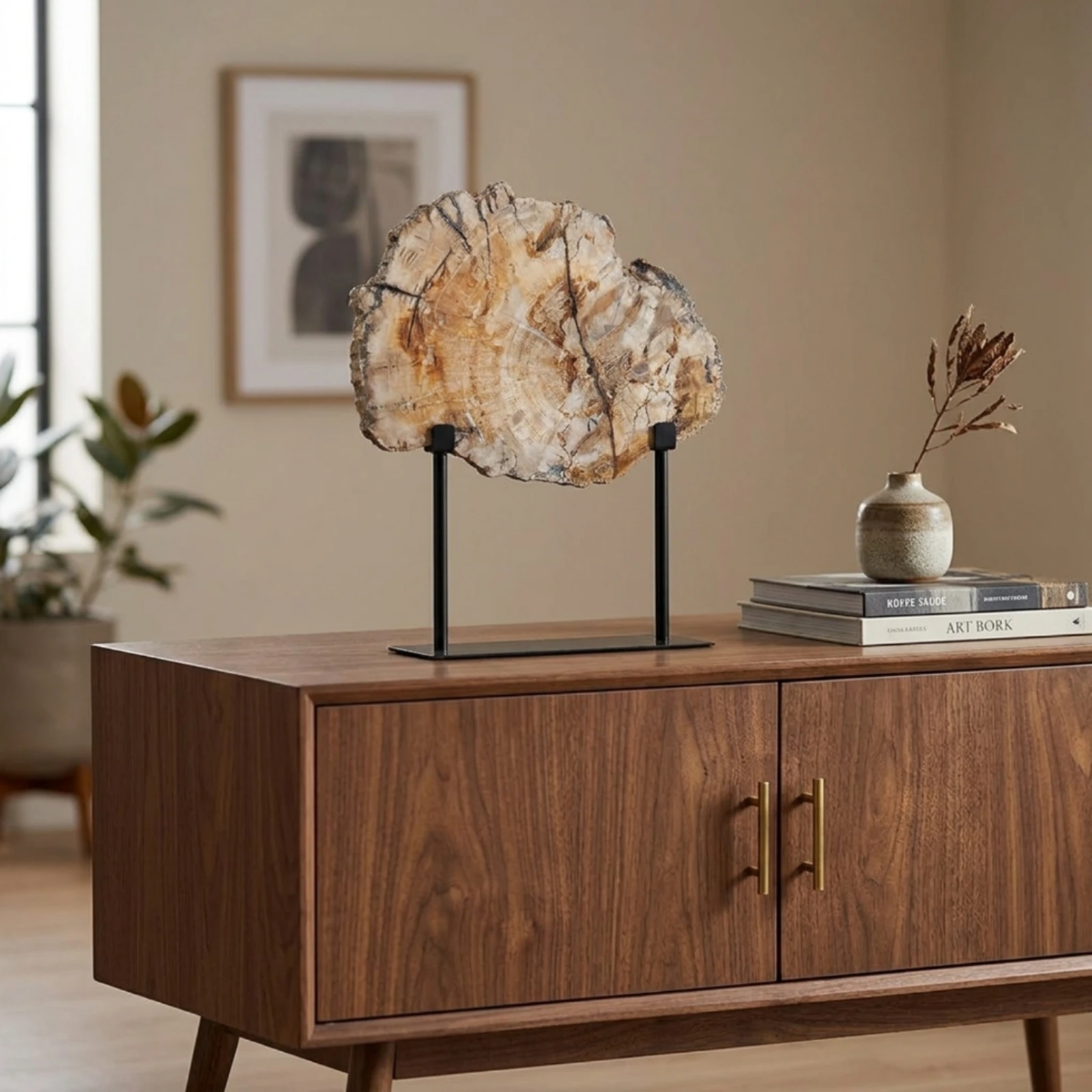 Slab Ornament with Stand Modern Faux Wood Fossil Fossil Ornament Minimalist Sculpture Architectural for Homeowners, Living Room