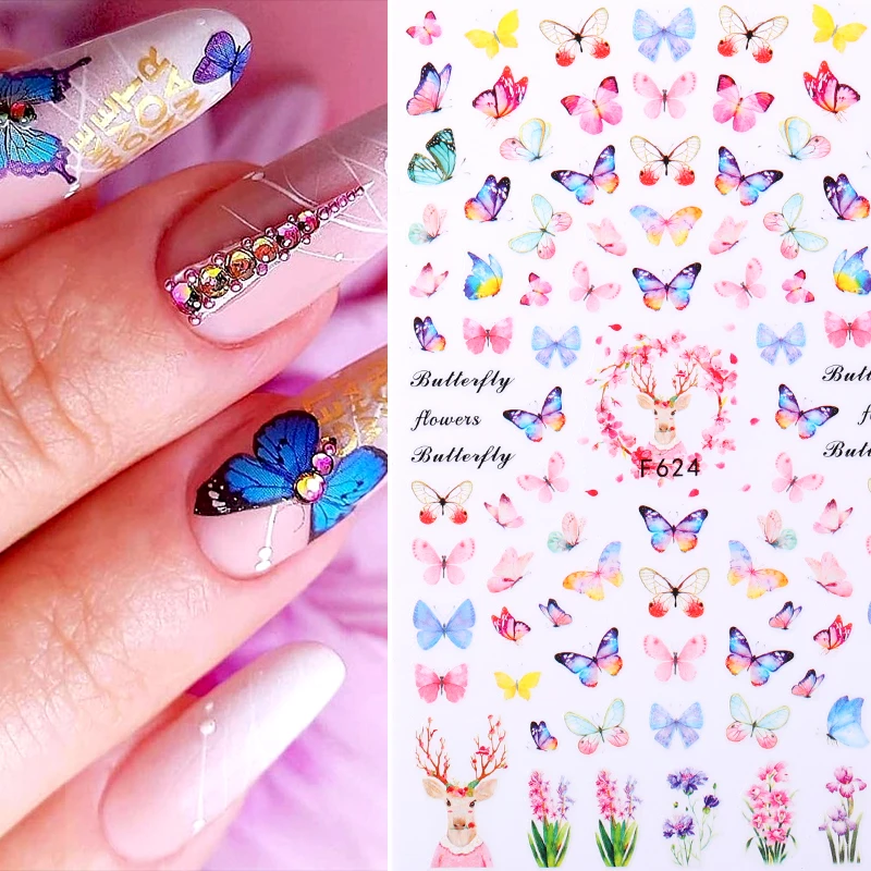 Color Butterfly Flower Nail Art Sticker Nail Parts Rose Sunflower 3D Adhesive Sticker Nail Decoration Decals Manicure