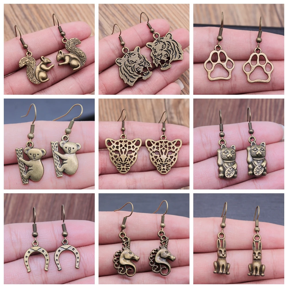 30 Styles Vintage Antique Bronze Color Plated Animal Earrings Tiger Leopard Lizard Unicorn Koala Snake Elephant Pendant Earring view 2