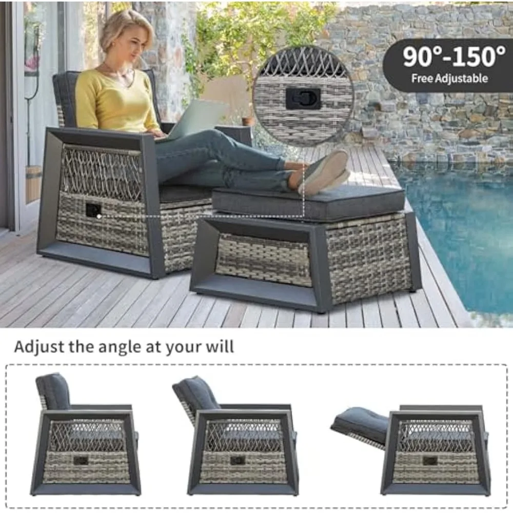Recliner Chairs with Ottomans, Modern Outdoor Conversation Sets Sectional Sofa, Rattan Patio Set with Storage Table (Grey)